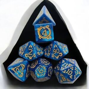 D&D Polyhedral Dice Set Blue Iridescent Swirl Acrylic RPG D20 MTG 7pc Gamer Gift